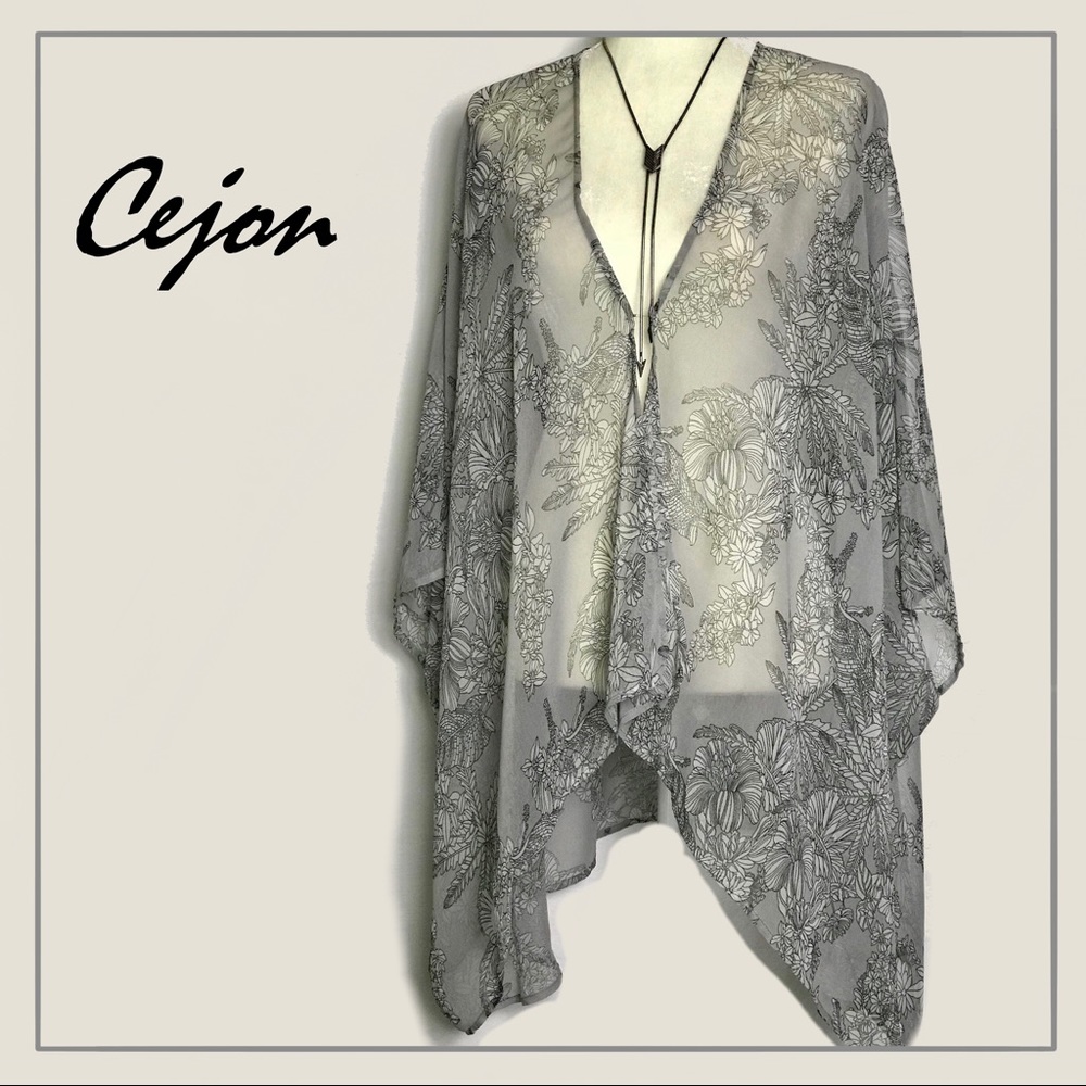 Cejon Silver White Sheer Floral Print Swim CoverUp